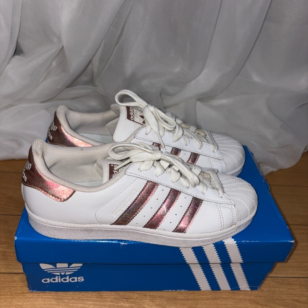 Adidas Superstars Women's White and Metallic Pink Sneakers